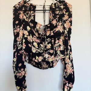 FREE PEOPLE BLACK FLORAL LONG SLEEVE TIE FRONT BLOUSE SZ SMALL